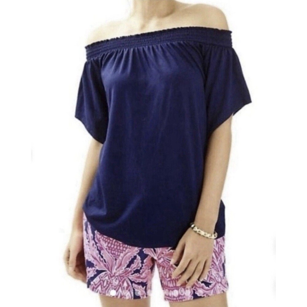 Lilly Pulitzer Almeria Navy Blue Smocked Off Shoulder Blouse Top Women’s Small